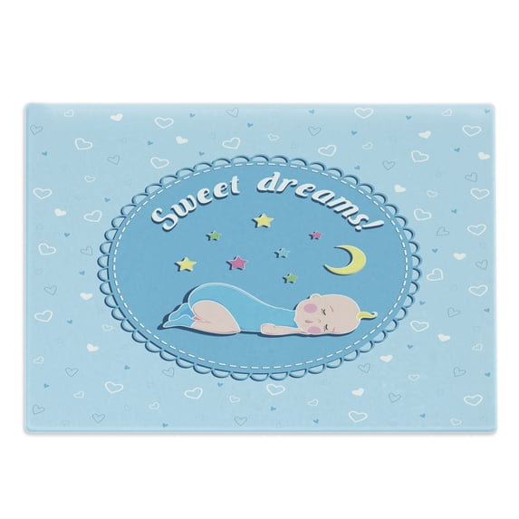 Saying Cutting Board, Sleeping with Colorful Stars and Moon on Heart Filled Background, Decorative Tempered Glass Cutting and Serving Board, Large Size, Multicolor, by Ambesonne