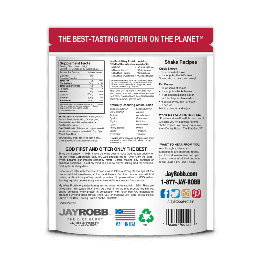 Jay Robb - Whey Protein Isolate Powder Strawberry - 1.5 lbs.