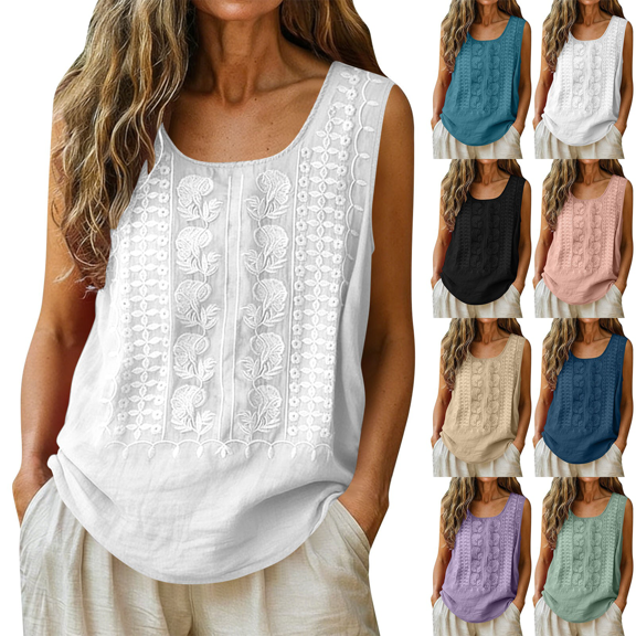 Tank Tops for Women Solid Color Crewneck Embroidered Blouse Summer Casual Beach Vacation Sleeveless Cotton Linen Tops,Sizes S-2XL