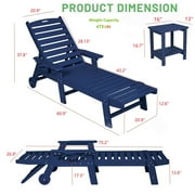 Aukfa 3 Pcs Outdoor Patio Chaise Lounge w/ Coffee Table&Cup Holder, Adjustable Backrest, HDPE, Navy