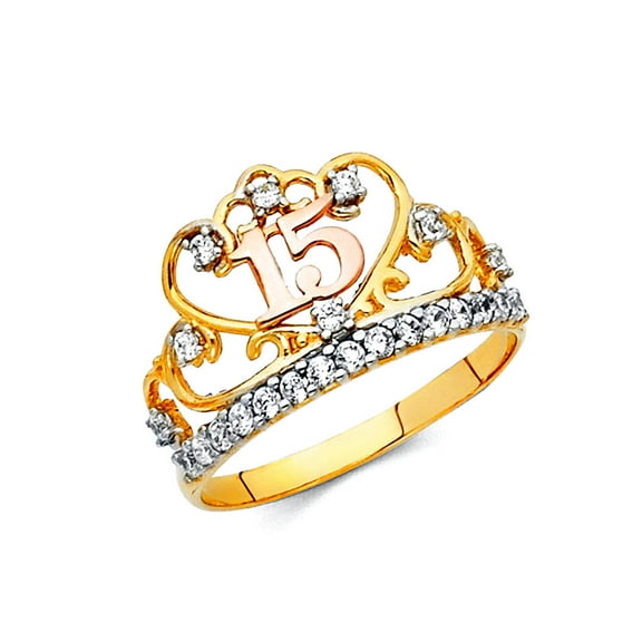 14k Yellow Gold and White Gold Cubic Zirconia Quinceanera Sweet 15 Years Ring Size 7 Ring for Women