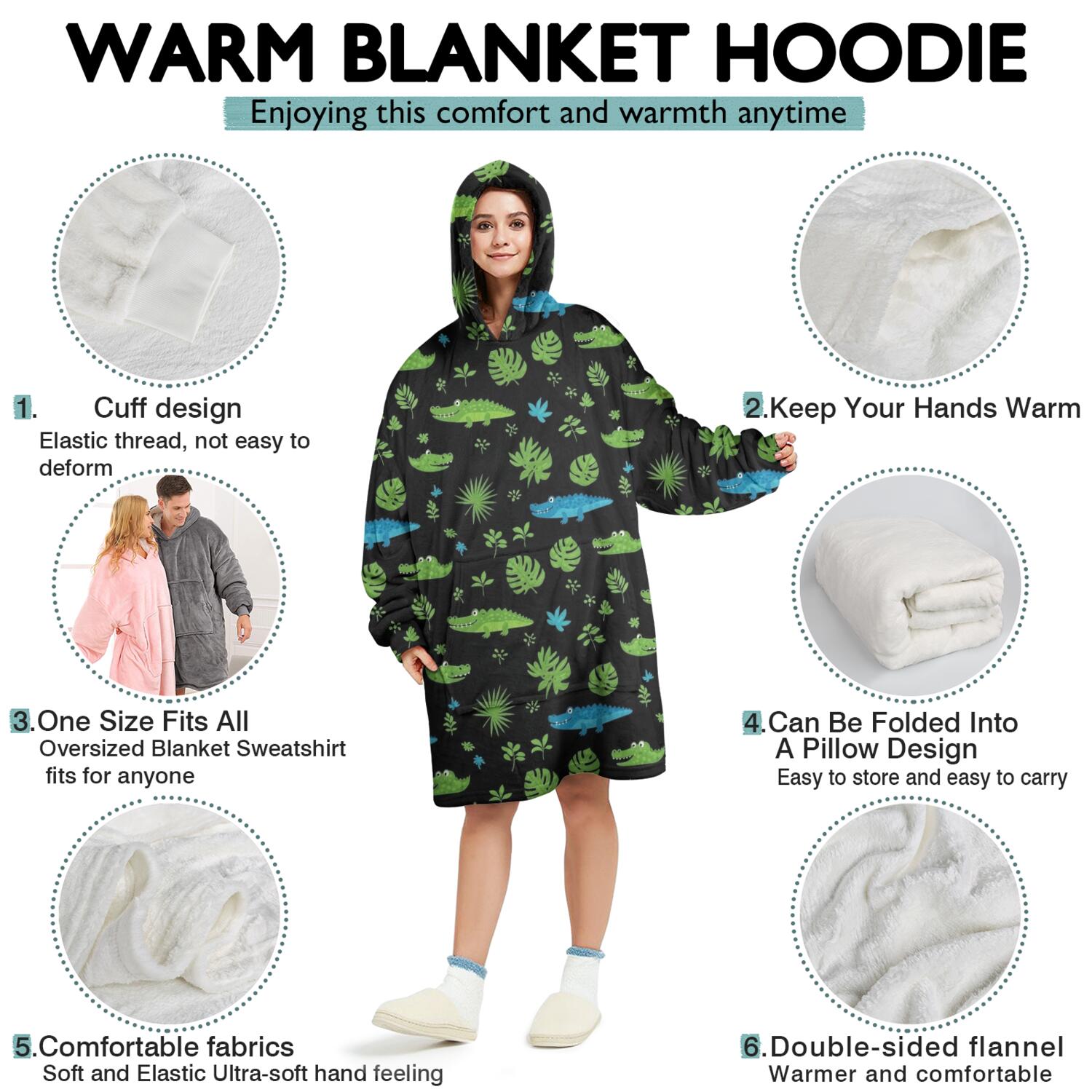Wearable Oversized Blanket,Black Cartoon Crocodiles Leaves Pattern Wearable Blanket Hoodie for Adults,Cozy Hooded Blankets with Super Pockets,Super Warm Fuzzy Pullover for Women & Men