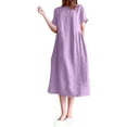 thumbnail image 2 of IDALL Summer Dresses,Casual Dresses Solid Neck Women Casual Short Sleeve Loose Dress Elastic Round Dress Waist Women's Casual Dress Petite Dresses,Linen Dress,Modest Dresses Purple Dress M, 2 of 6