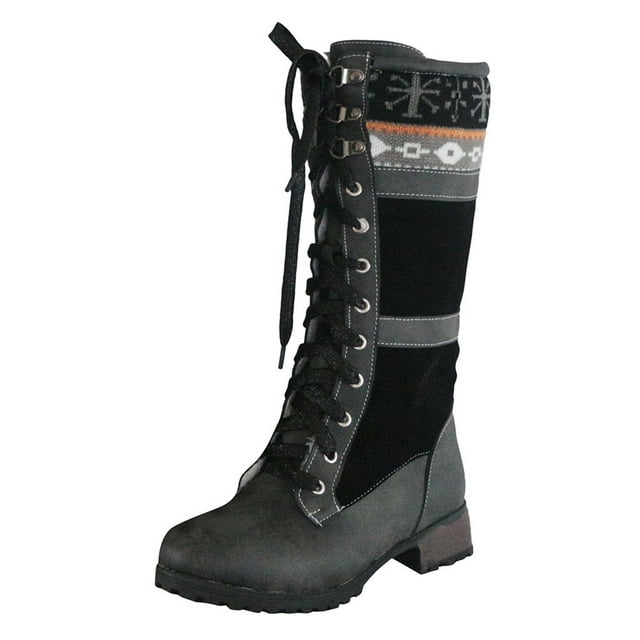 jovati Womens Winter Fleece Lace Up Side Zipper Square Heel Low Heel Medium Boot