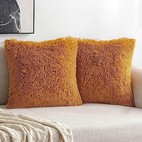 Eryueer Pack of 2 Faux Fur Throw Pillow Cover Fluffy Soft Decorative Square Pillow covers Plush Case Faux Fur Cushion Covers For Livingroom Sofa Bedroom 18x18 Inch gold