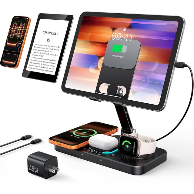 45W 6 in 1 Charging Station for Apple Multiple Devices with Clock&Light, 20W Fast Foldable Wired Charging Stand for iPad/Tab, Wireless Charger Design for MagSafe Charger for iPhone 17/iWatch/Airpods