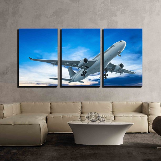 wall26 3 Piece Canvas Wall Art Commercial Airplane Flying at Sunset