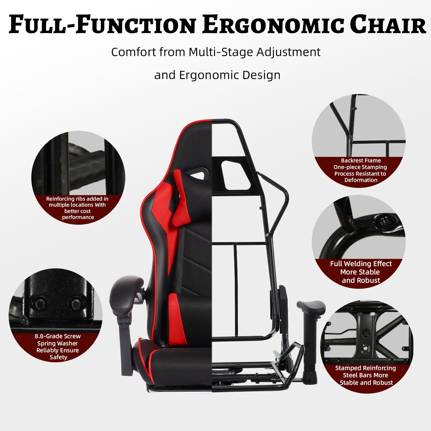 Mintazer Gaming Chairs with Footrest, Massage Leather Game Computer Chair with Headrest and Lumbar Support, E-Sports Chair for Adults Home Office, Black & Red
