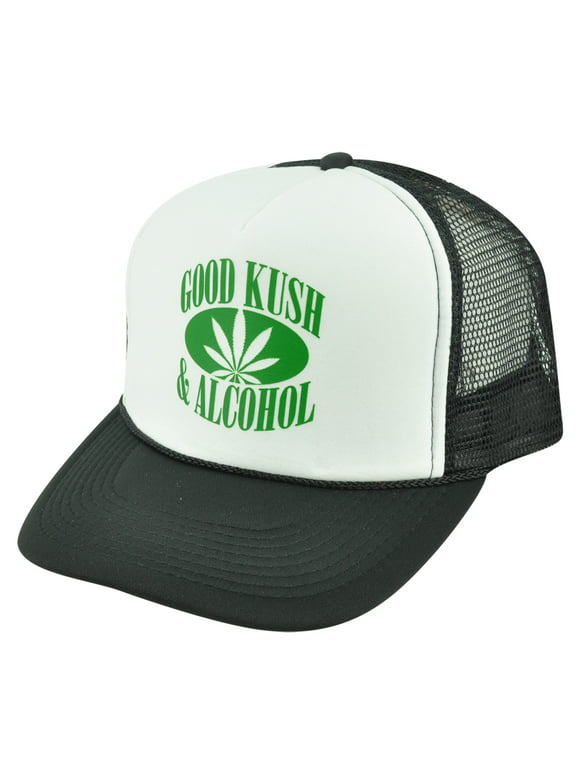Good Kush & Alcohol Humor Funny Adult White Black Mesh Trucker Snapback Hat Cap