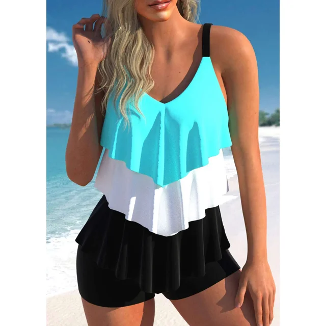 Women‘s New Summer Two-piece Set with Three-layer Ruffle Edge Printed Sexy Lace Up Casual Beach Swimsuit S-6XL