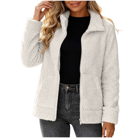Nowekniz Women's Sherpa Fleece Zip Up Jacket, Long Sleeve Solid Fuzzy Sweatshirt, Warm Winter Full Zip Outwear Coat with Pockets, Casual Loose Fit Outerwear