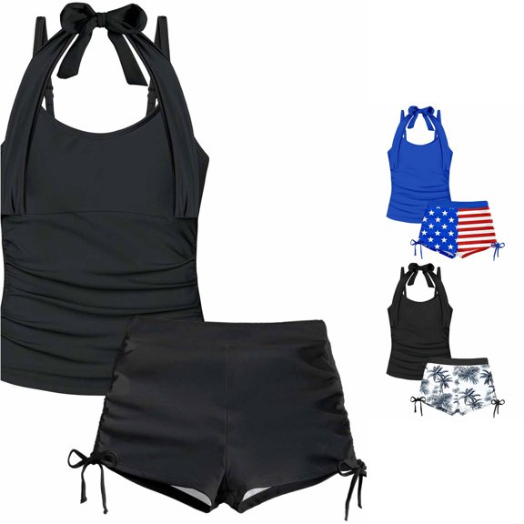 CUZIBR Girls Swimsuit Solid Color Two Piece Bikini Swimwear Ruched Ruffle Trim Tankini Top With Shorts For Toddler Kids Bathing Suit,Black,7-8 Years