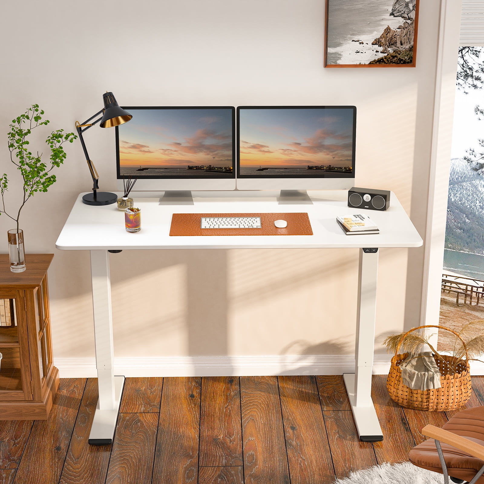 55 x 28 Inches Home Office Table Standing Desk Dual Motors,3 Stages, Silver+Mahogany FlexiSpot Electric Height Adjustable Desk 
