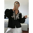 thumbnail image 3 of Women'S Embroidered Linen Shirts Button Up Sleeve V Neck Boho Blouse Black XL, 3 of 8