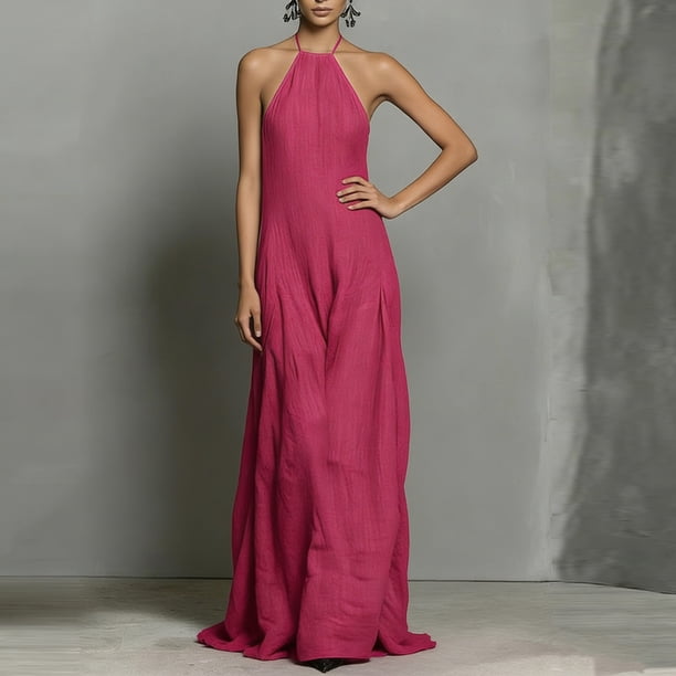 halter backless wedding guest dress THDHVS Dress,Solid Color Sleeveless Long with Pocket Casual Daily Party Wear,Dresses for Women Hot Pink 3XL 2025 prom