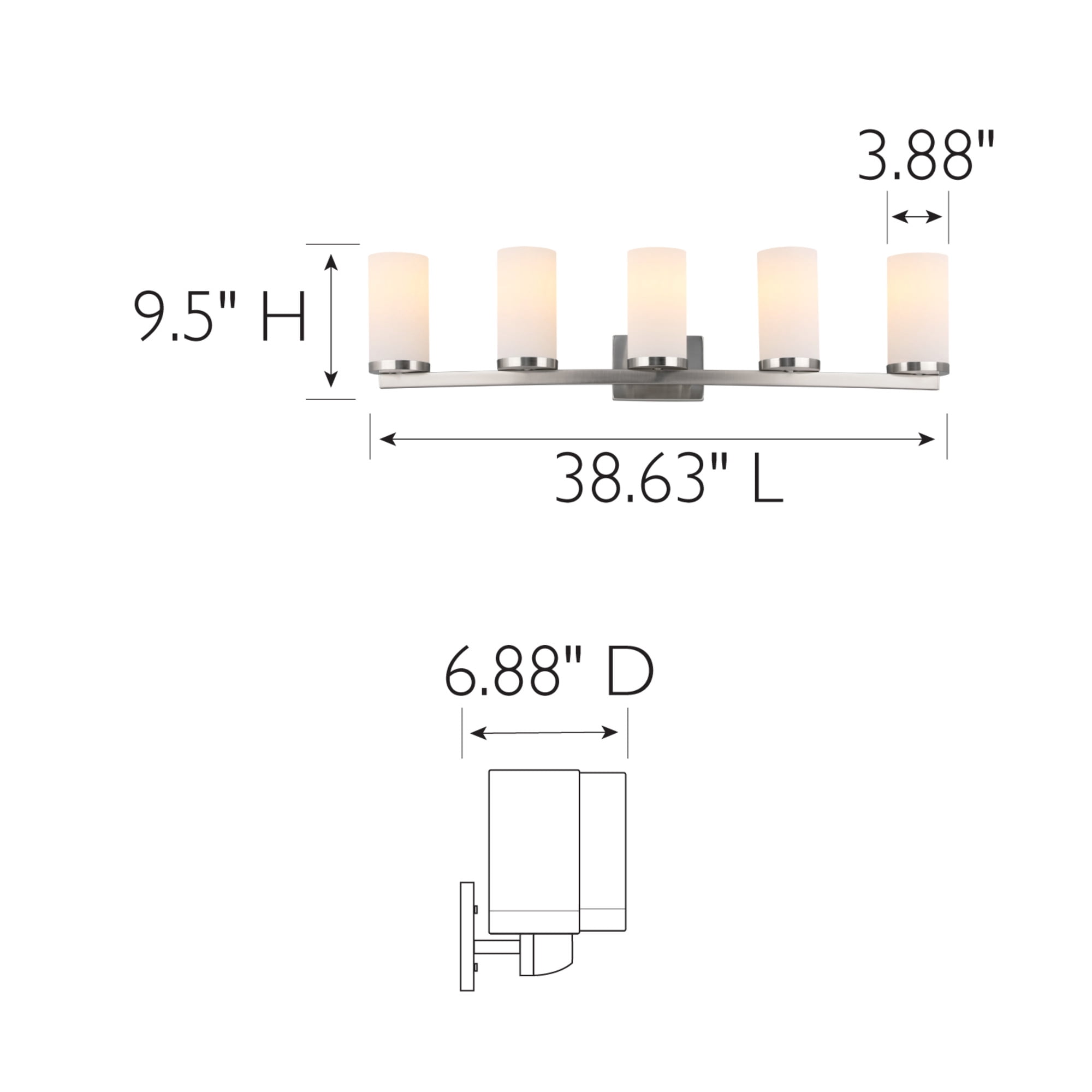 Breckham 5-Light Vanity Light in Satin Nickel, 38.0 in Curved Bar with Frosted Glass