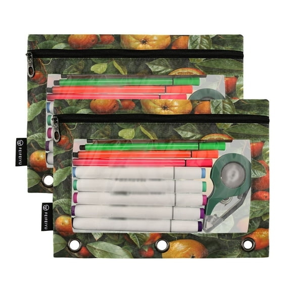 Ckdifva Oranges Leaves Pencil Pouch 3 Ring Zipper Pencil Case Binder Pockets Clear Top Cosmetic Bag 2 Pack