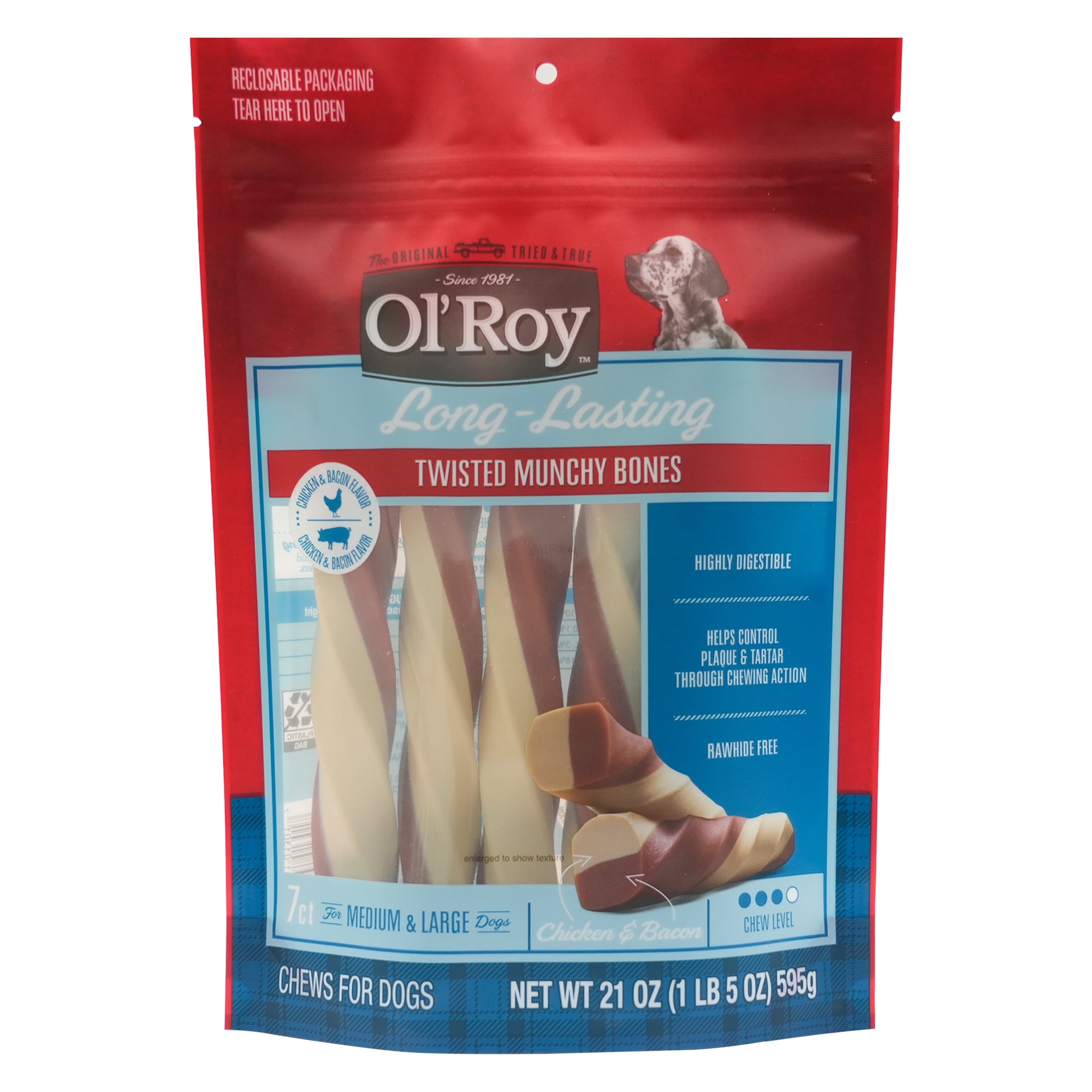 Ol' Roy Chicken and Bacon Flavor Twisted Munchy Bones Dog Treats for Medium and Large Dogs, 21 oz