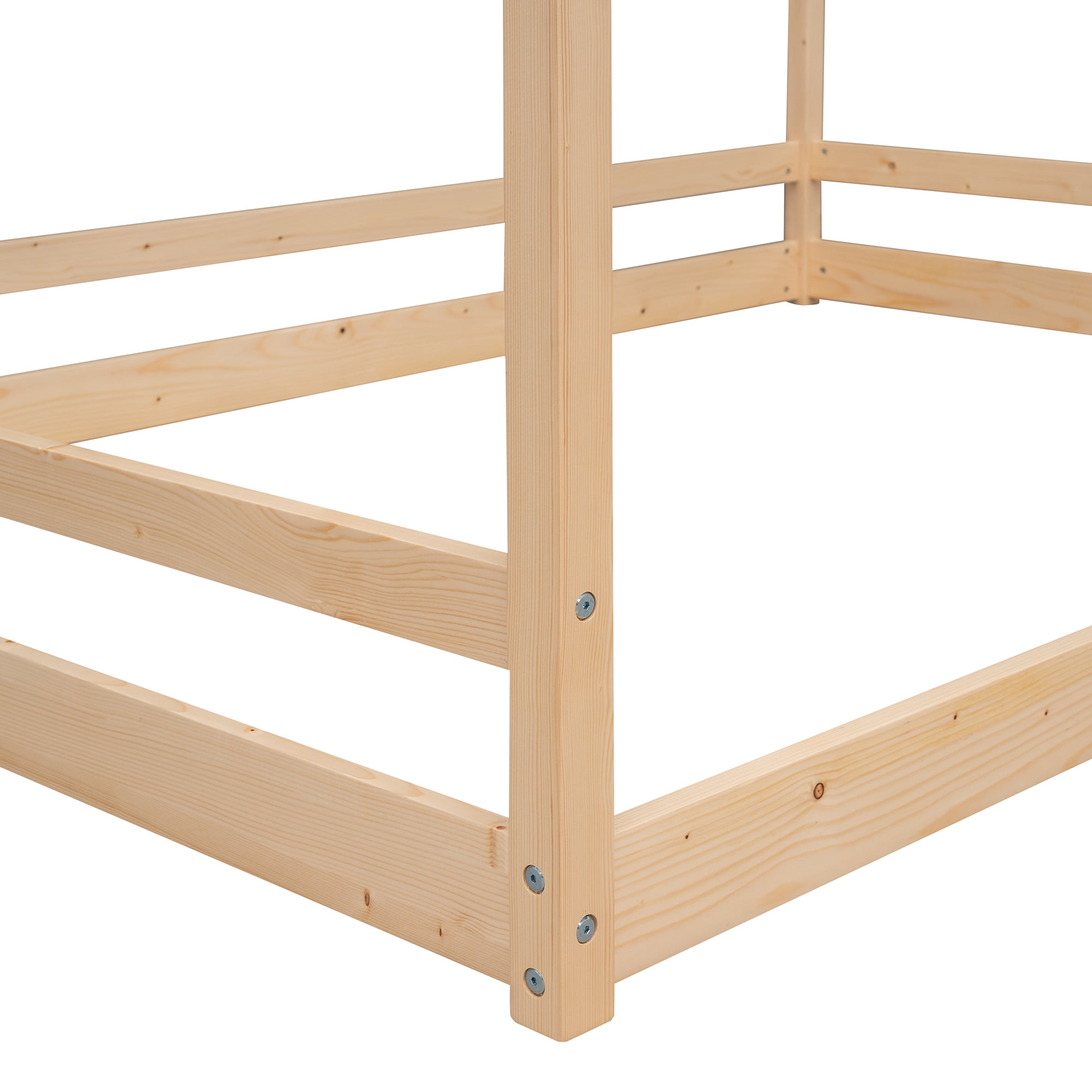 Gewnee Full Size Floor Bed, Wood Twin House Bed with Rails for Toddler Kids,Natural