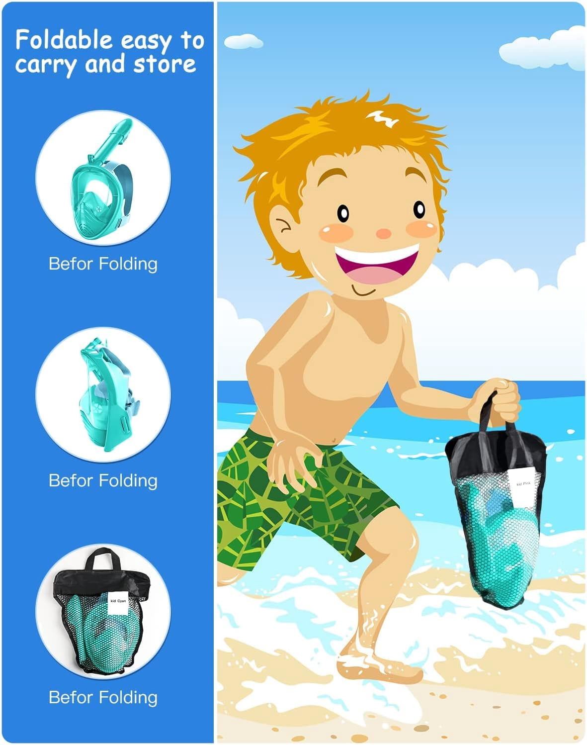 Gintenco Full Face Snorkel Mask, Kids Diving Mask with Innovated Anti- Leak Snorkeling Gear 180 Panoramic View with Removable Camera Mount Green