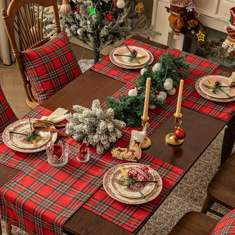 table runner buffalo plaid christmas dishes