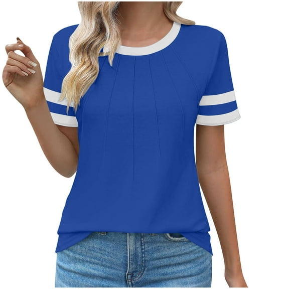 Sky Light Blue Crew Neck Spandex Tops for Women Fall Summer Short Sleeve Color Block Loose Fit Lounge Pleated Plain Tops Shirt Blouses Women 2025 Soft Comfy Clothing Trendy L