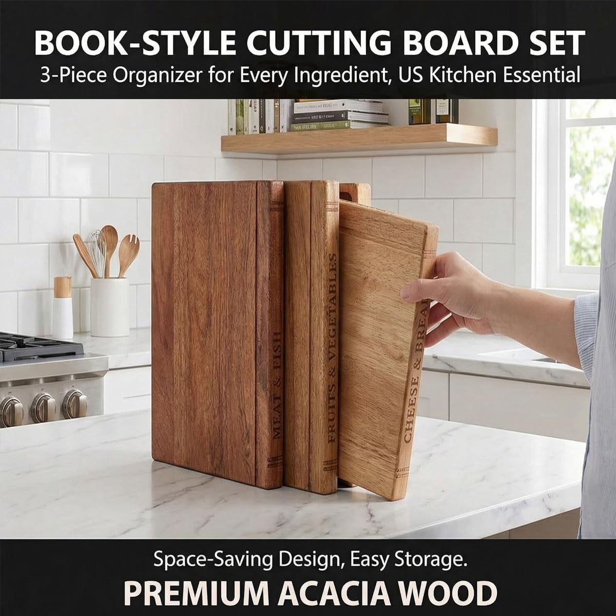 Book Shaped Chopping Board Set with Stand, 3 Piece Solid Wood Cutting Boards for Meat Cheese and Vegetables, Decorative Library Style Kitchen Gift Set