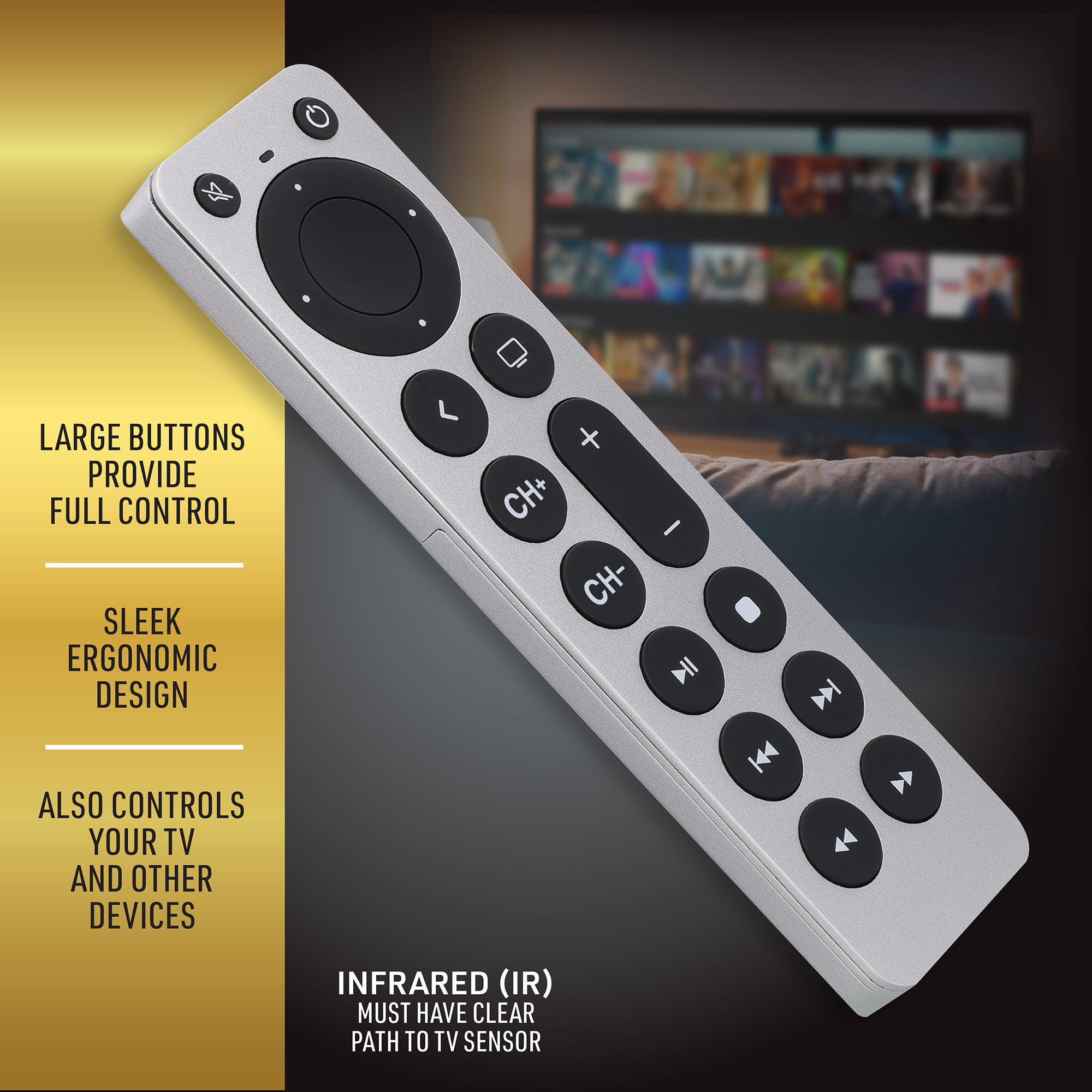Xtreme Universal Apple TV Remote Replacement for 1st-5th Generation, Controls TV & Apple TV, Large Buttons, Ergonomic Design – Requires 2x AAA Batteries