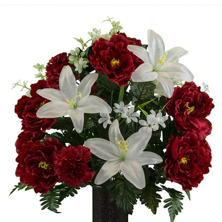 Sympathy Silks Artificial Cemetery Flowers – Realistic Vibrant Daisies, Outdoor Grave Decorations - Non-Bleed Colors, and Easy Fit - Red White Peony Daisy Bouquet with Flower (Best Flowers To Put On A Grave)