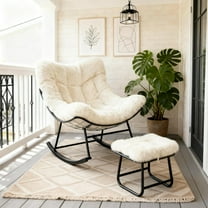 Oversized Papasan Rocking Chair with Ottoman and Soft Plush Cushion, Lounge Chair with Footrest and Sturdy Metal Frame, Egg Rocker for Living Room Balcony Bedroom, Beige