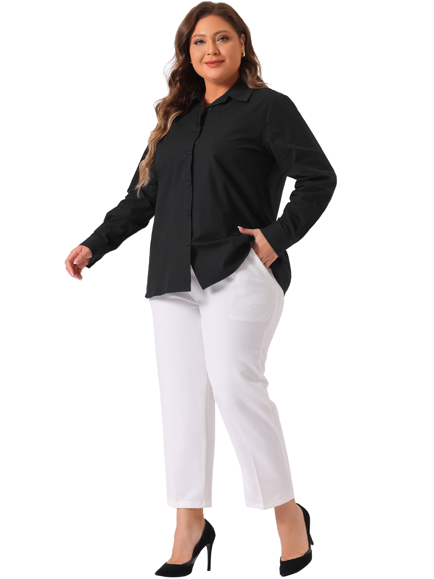 DARING DIVA Women's Plus Size Cotton Polo Collared Work Shirt 2X Black