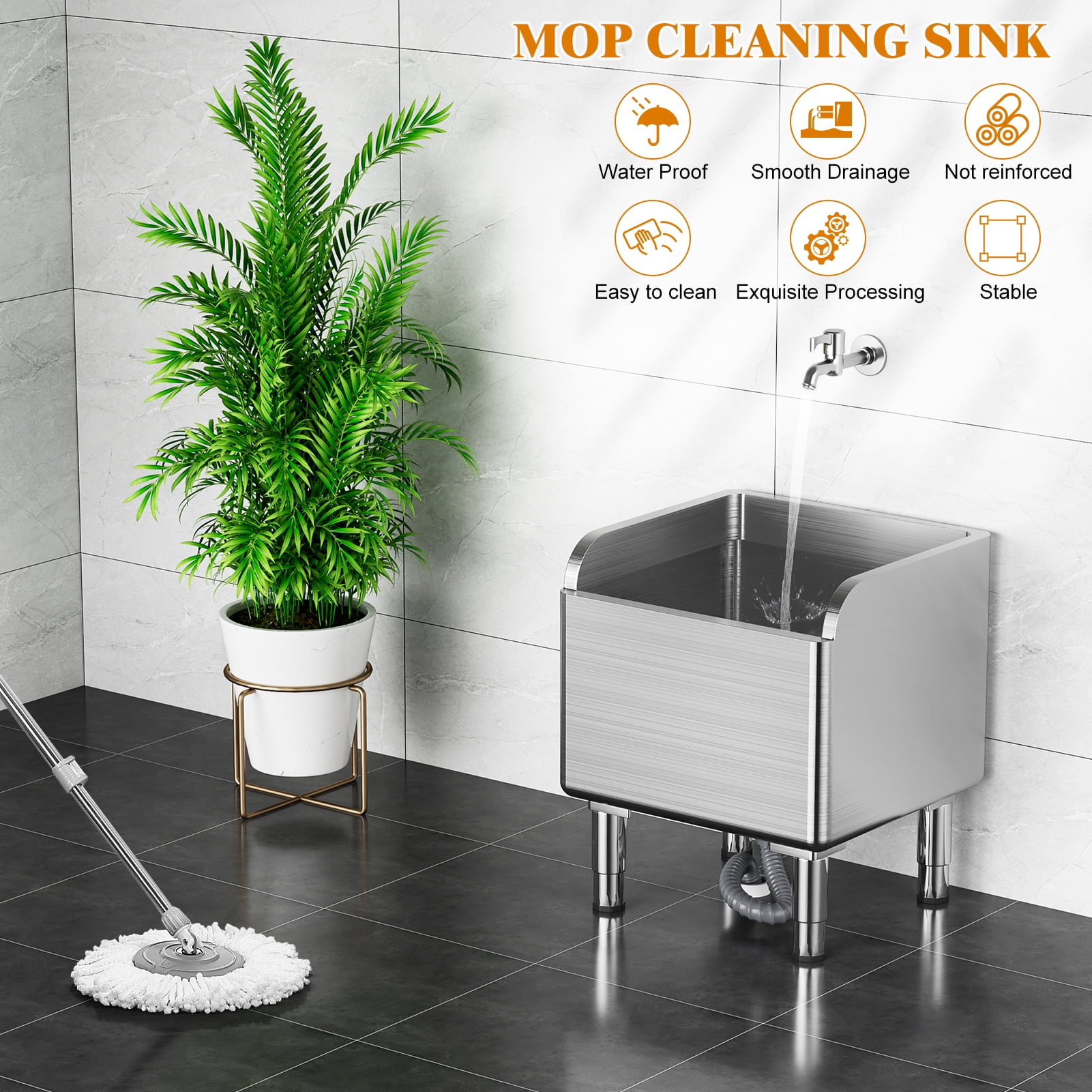 Cixusio Commercial Floor Mop Sink, Stainless Steel Mop Service Basin Laundry Room Slop Sink, Tub Utility Sink for Kitchen/Restaurant, Silvery (45x41x55cm)