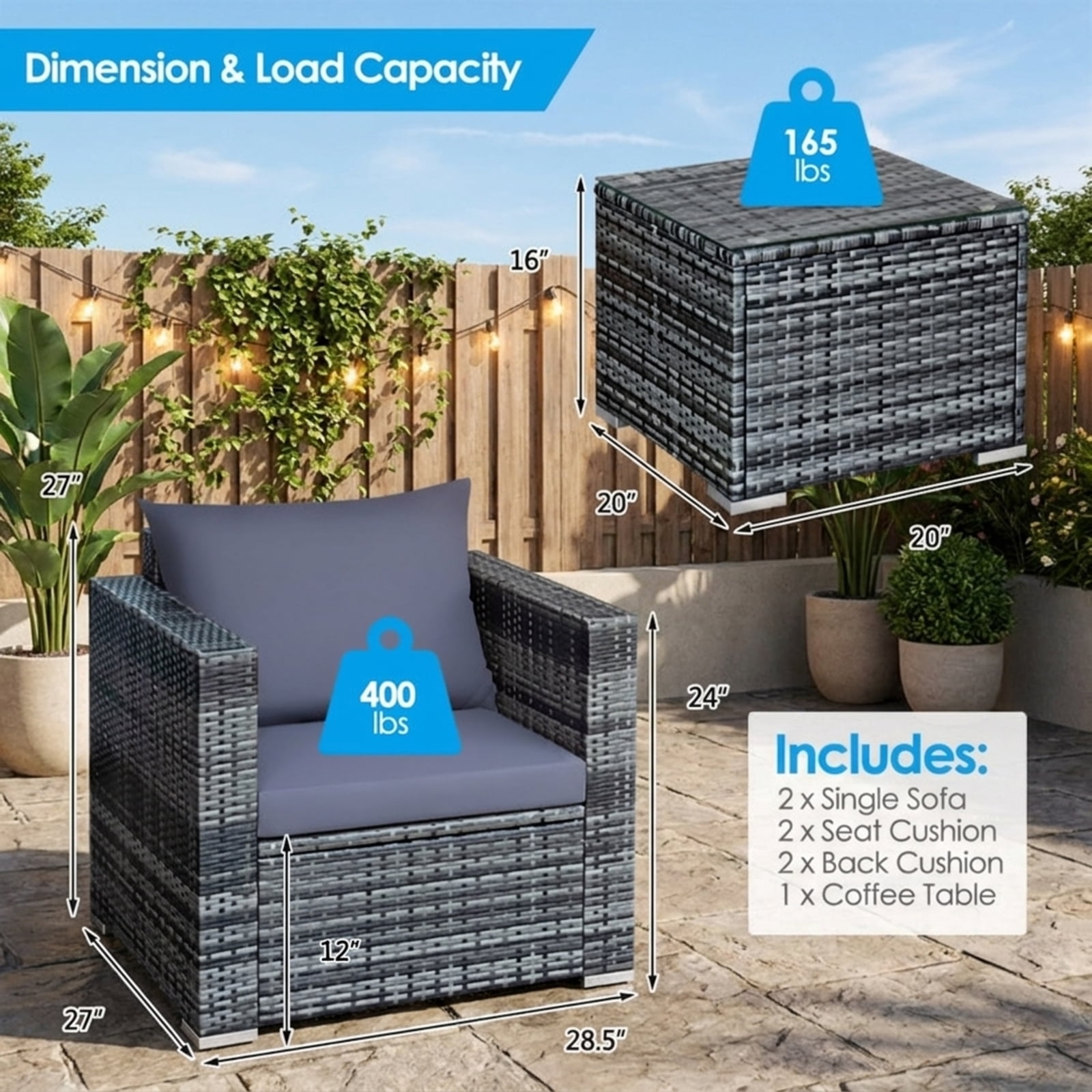 Biotree 3 Piece Patio Rattan Bistro Sofa Set outdoor conversation set with cushions and tempered glass coffee table for balcony garden and porch, Gray