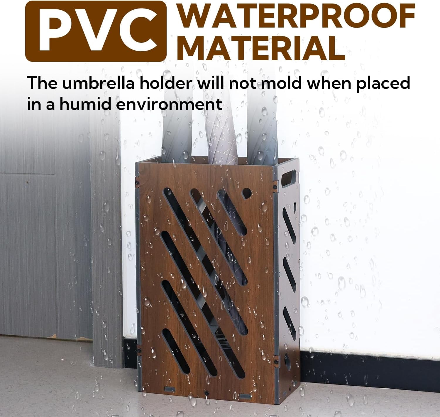 Brown Umbrella Stand for Entryway, Umbrella Holder with Removable Water Tray, PVC Umbrella Storage Bin Indoor Outdoor, Freestanding Storage Organizer for Home, Office, Hotel
