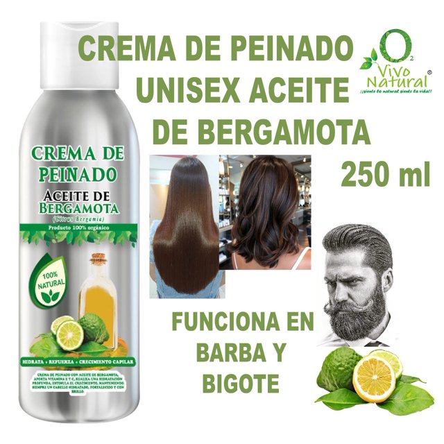 Crema de Peinado Aceite de Bergamota 250 ml VivoNatural Reducción del Frizz, definición y Flexibilidad del peinado, Fácil de aplicar