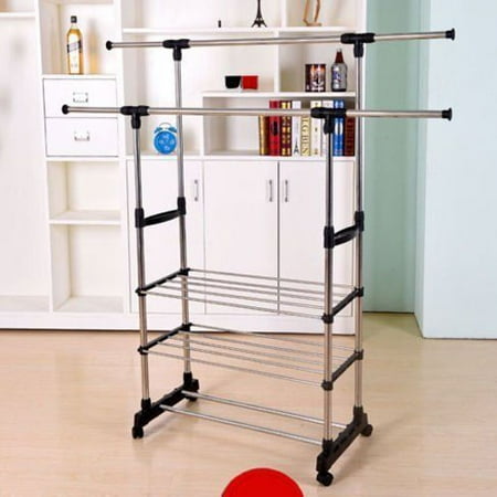Double Hanging - UBesGoo Double Clothes Rail Portable Hanging Garment Dress On Wheels With Shoe Rack