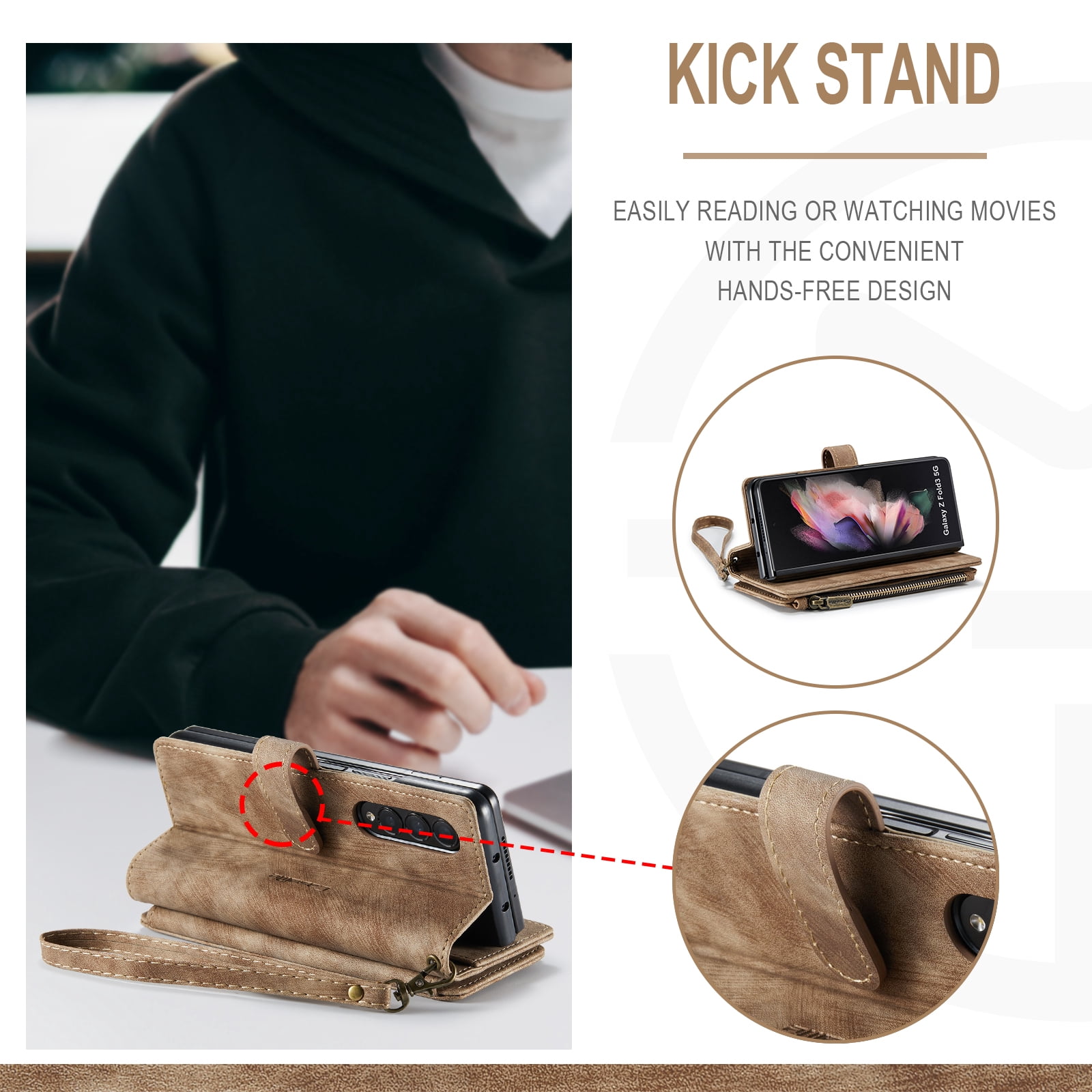 Dteck Galaxy Z Fold 3 Case, Dteck Heavy Duty Durable PU Leather Magnetic Wallet Flip Lanyard Strap Wristlet Zipper Card Holder Phone Case for Samsung Galaxy Z Fold 3 5G, Brown