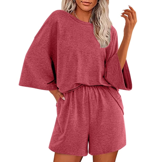 Conjunto de Verano Casual para Mujeres Color Sólido Manga Corta con Pantalones Cortos Elásticos