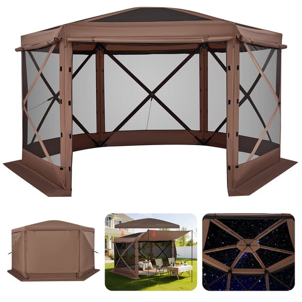 Carpa plegable VEVOR tipo cenador, 3,6 x 3,6 m, carpa de camping grande de 6 lados con techo desmontable y bolsa de transporte, refugio solar con mosquitera para 8-10 personas, color marrón.