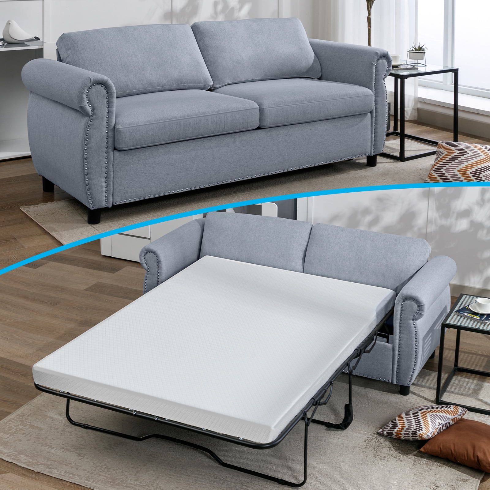 Mjkone 2in1 Pull Out Sofa Bed,Queen Size Convertible Couch Bed with Mattress,2 Seat Loveseat