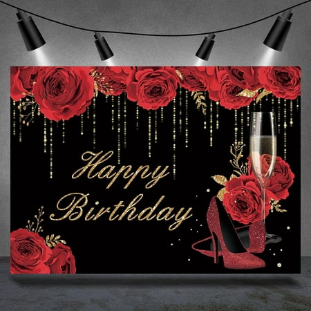 Image of Red Flowers Glitter Stiletto Happy Birthday Backdrop for Women | Professional Photography Background | Customizable Party Decor | Wrinkle-Resistant Fabric | Stunning 3D Print | Washable - Birthday Par