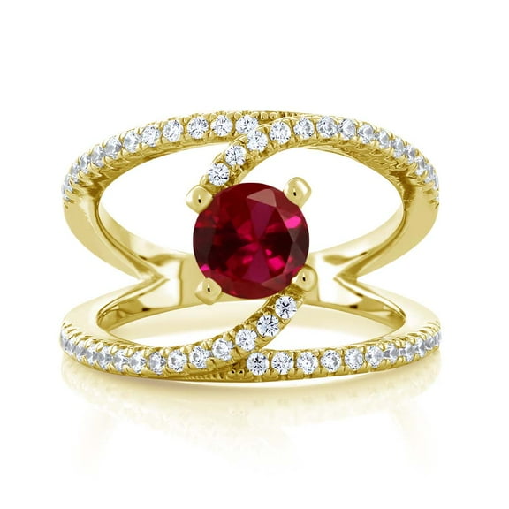 Gem Stone King 1.58 Ct Round Red Created Ruby 18K Yellow Gold Plated Silver Swirl Ring (Size 5)