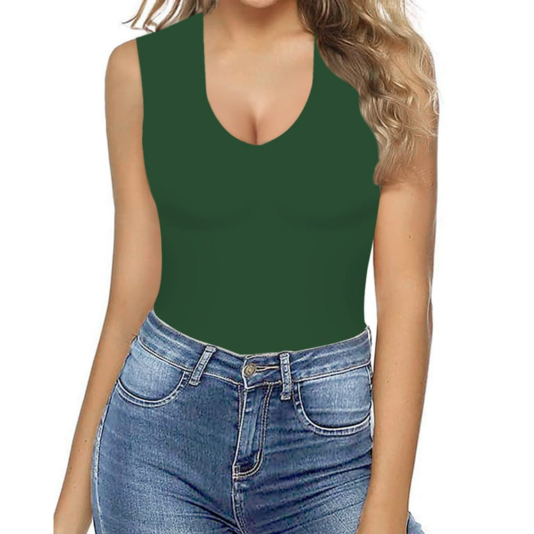 Vafful Bodysuit for Women V Neck Summer Sleeveless Tank Tops Bodysuit  Ribbed Womens Sexy Racerback Tank Tops Fitted Cloth Jumpsuits Dark Green  S-XL