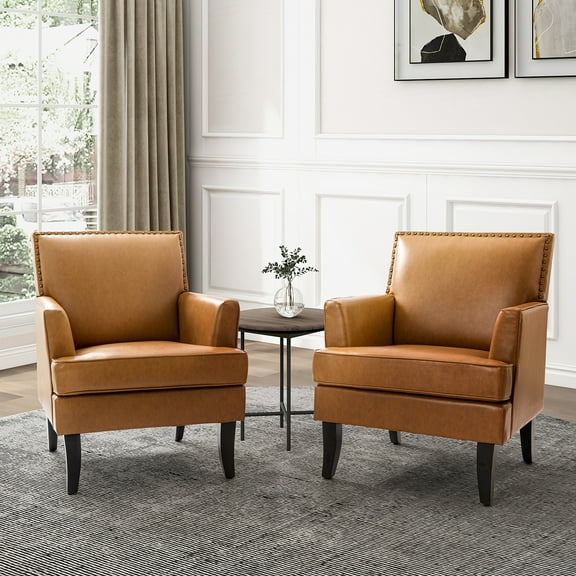 Contemporary Vegan Leather Accent Chair Set of 2, Upholstered Sofa Armchair & Wooden Legs Adult Home Living Room Bedroom, Camel