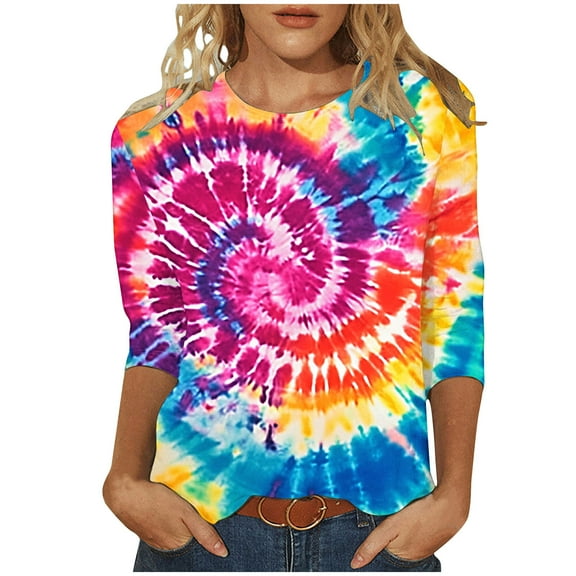 CYMMPU Fall Trendy Shirts 3/4 Sleeve Tunic Tops Crew Neck Blouses for Women Dressy Casual Loose Fit Spring Tops Tie Dye Ombre T-Shirts Multicolor M