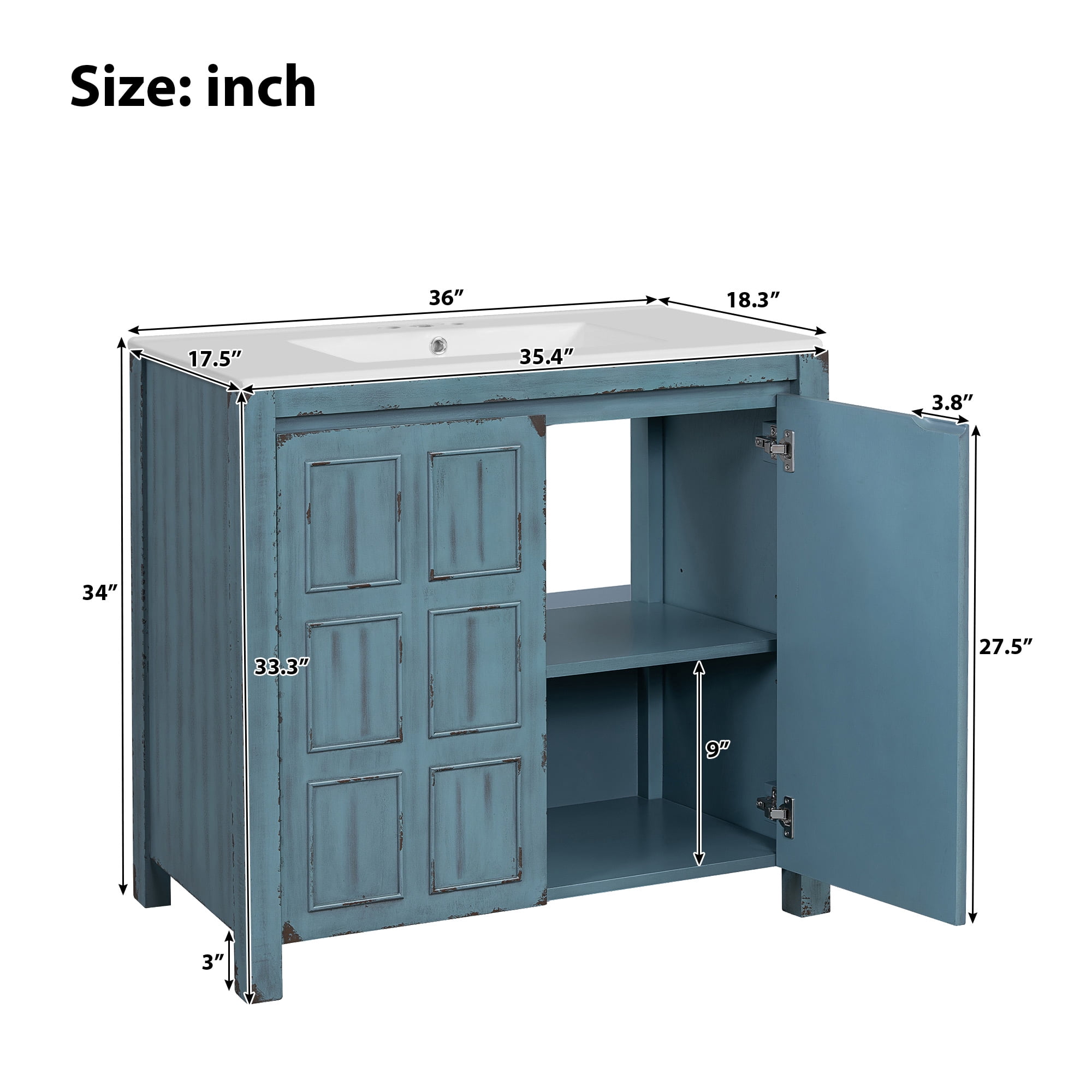 Euroco 36 " Bathroom Vanity Organizer with Ceramic Sink, Set Bathroom Storage Cabinet, Retro Blue