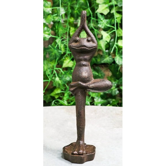 Rustic Cast Iron Whimsical Meditation Yoga Toad Frog In Tree Pose Figurine