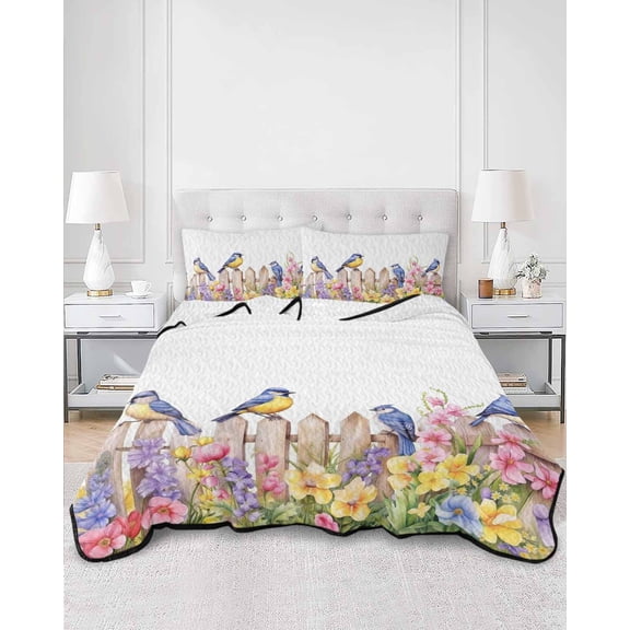 Quilts Twin XL Size, Spring Floral Soft Comforter Bedding Set for Bed, Summer Birds Botanical Fence Lightweight Quilted Bedspread with Pillow Cover(2 Pieces) for All Season, 68x98 Inch