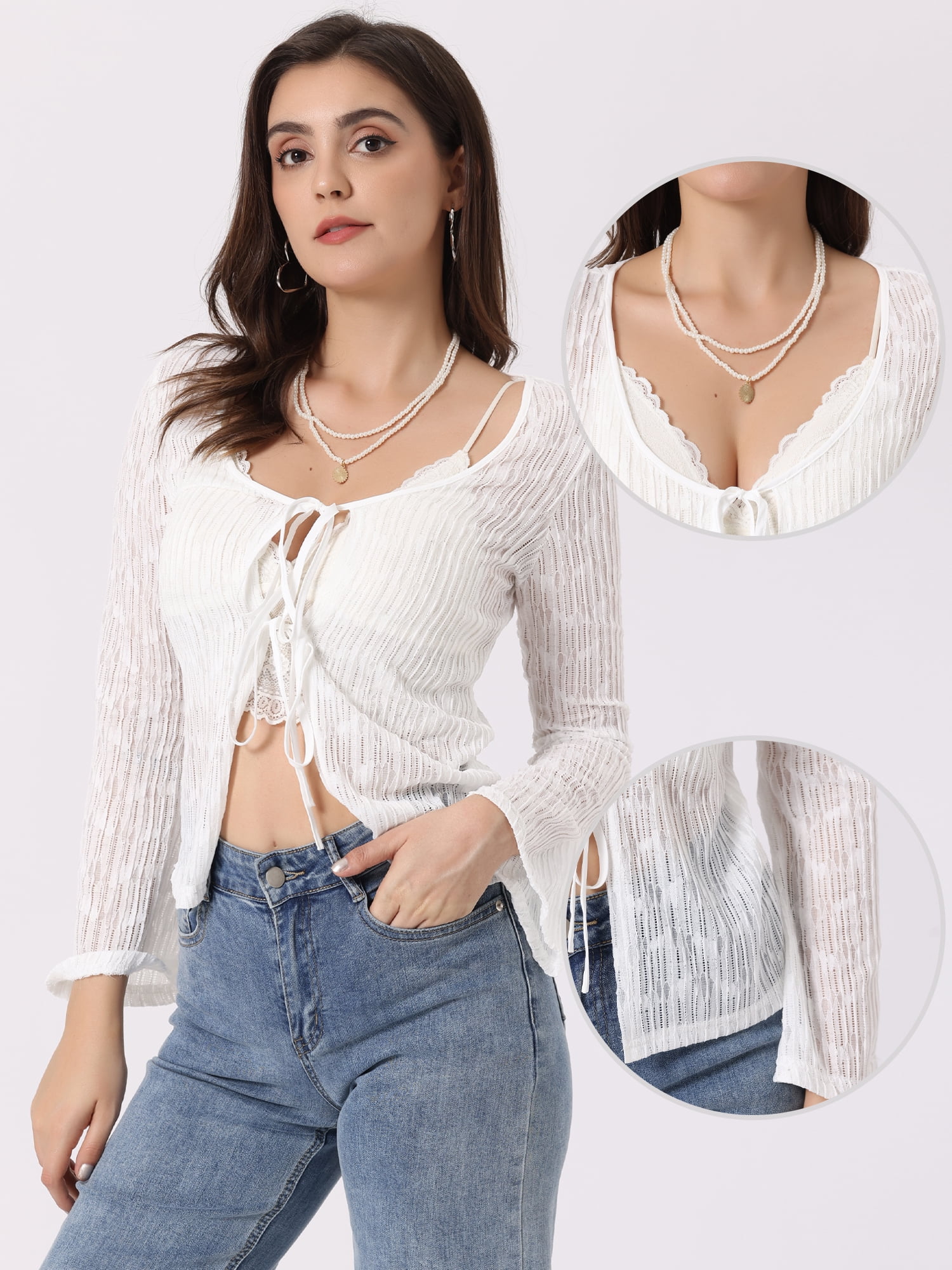 Unique Bargains Women's Tie Front Bell Long Sleeve Bolero Cardigan Shrug  M White