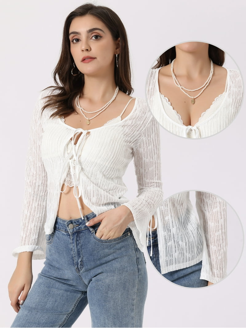 Unique Bargains Women's Tie Front Bell Long Sleeve Bolero Cardigan
